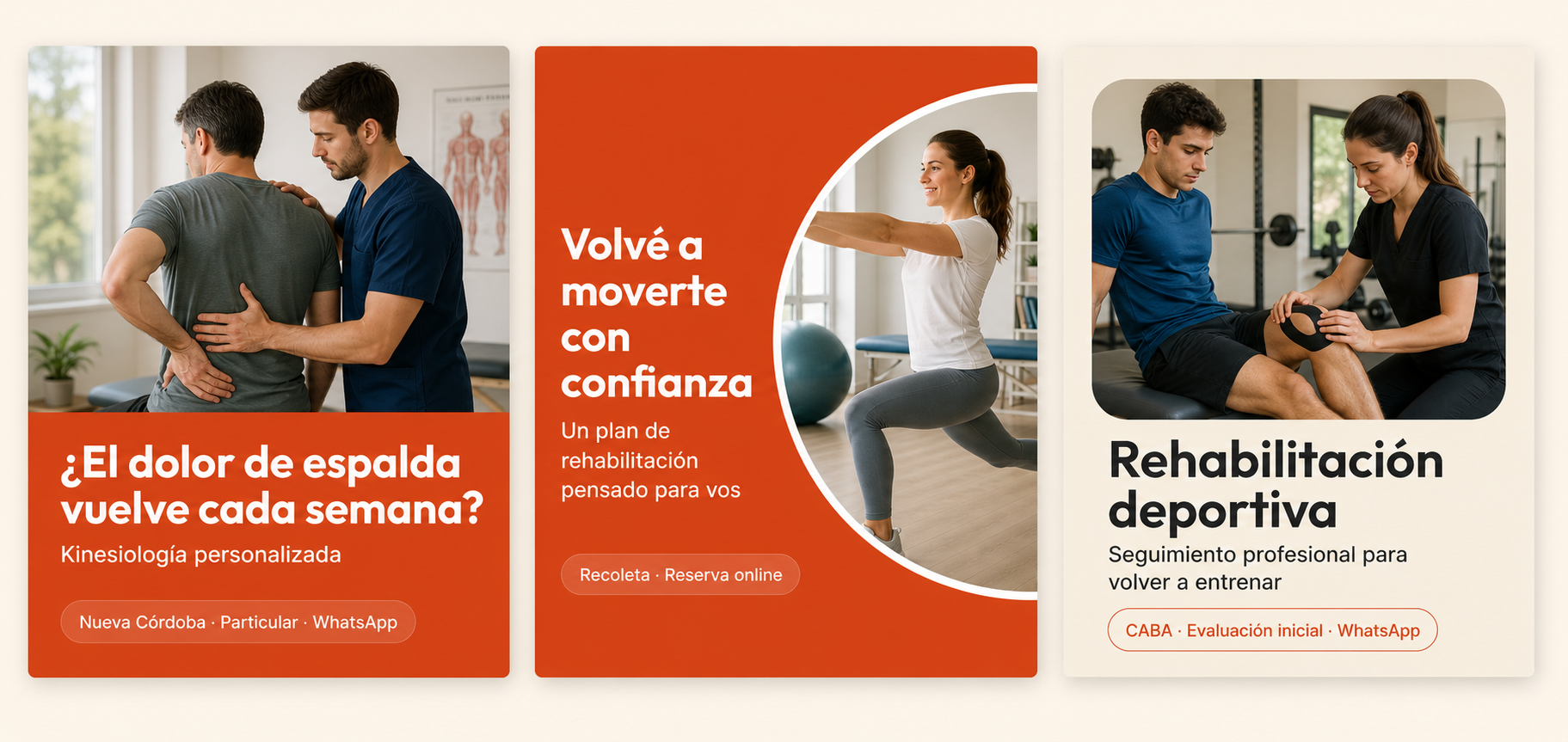 Ejemplos ficticios de anuncios gráficos para un consultorio de kinesiología